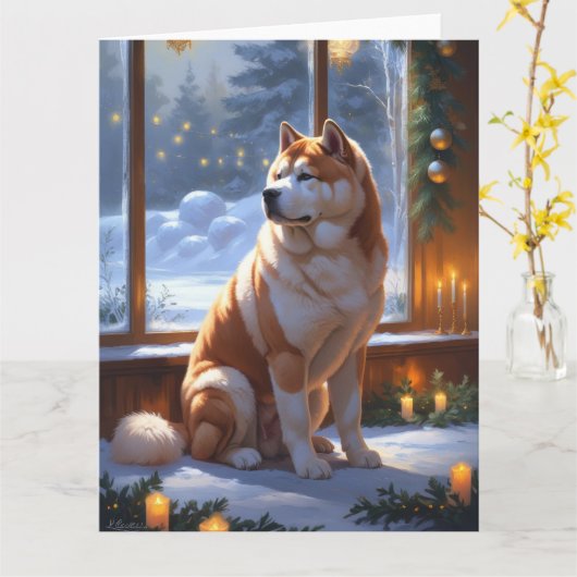 クリスマスライトの輝く秋田犬 ホリデー カード (黄色い花)