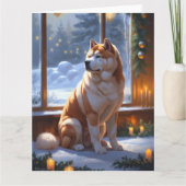 クリスマスライトの輝く秋田犬 ホリデー カード (正面)