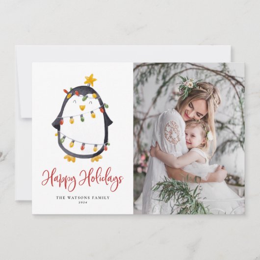 クリスマスライトを使ったかわいいペンギンの写真 シーズンカード (正面)