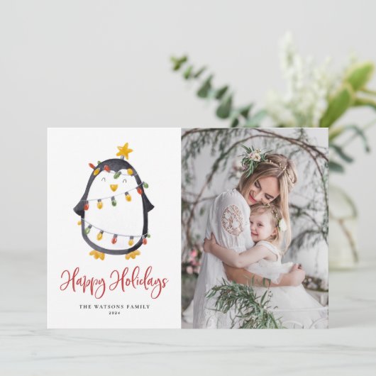 クリスマスライトを使ったかわいいペンギンの写真 シーズンカード (スタンド正面)