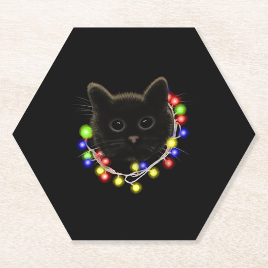 クリスマスライトを使った黒猫 ペーパーコースター (正面)