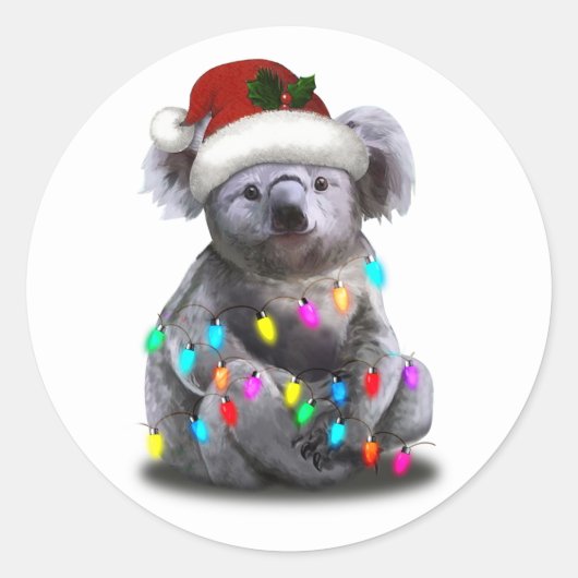 クリスマスライトを使って座るコアラクリスマスシーズン ラウンドシール (正面)