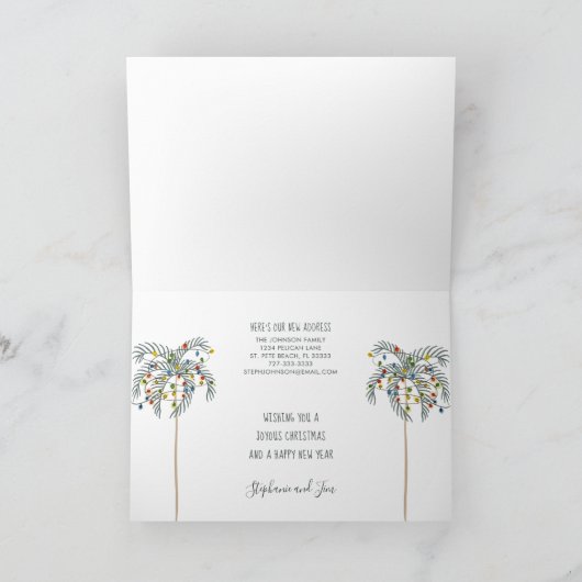 クリスマスライトを使用した新しい住所のヤシの木 シーズンカード (内部)