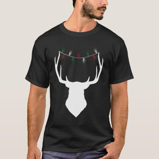 クリスマスライトを灯した鹿の頭〔雄ジカの〕枝角 Tシャツ (正面)
