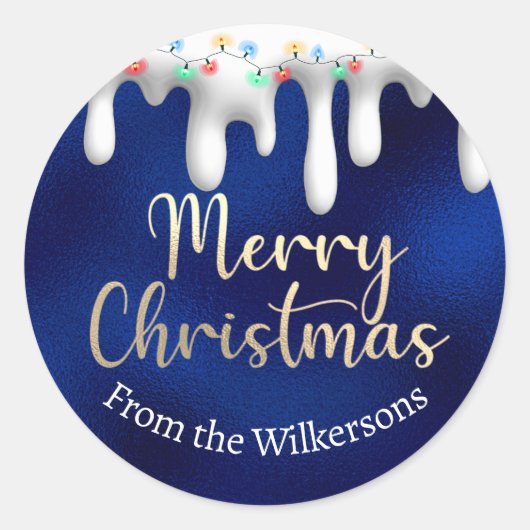 クリスマスライトオンスノー金ゴールドとブルー名前をカスタムする ラウンドシール (正面)