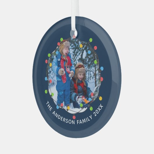 クリスマスライトキッズフォトネイビーブルーパーソナライズされた ガラスオーナメント (正面左)