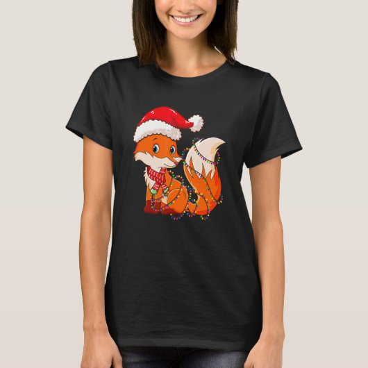 クリスマスライトキツネ着用クリスマスハットかわいいキツネ Tシャツ (正面)