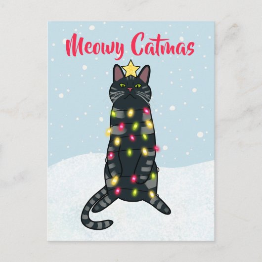 クリスマスライトクリスマスに黒い猫のパおもしろいン シーズンポストカード (正面)