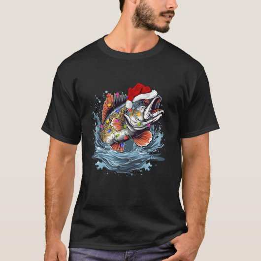 クリスマスライトサンタハットバスフィッシュ魚釣りクリスマス Tシャツ (正面)