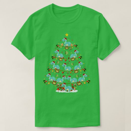 クリスマスライトサンタブロントサウルス恐竜クリスマス Tシャツ (デザイン正面)