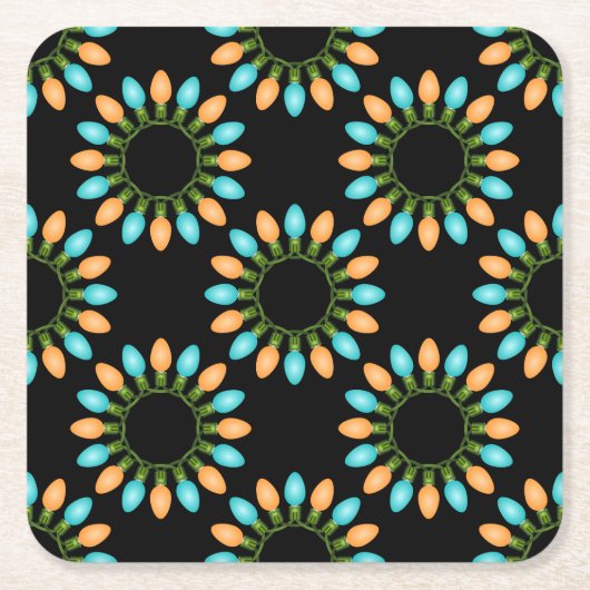 クリスマスライトサークルのパターンオレンジと青 スクエアペーパーコースター (正面)