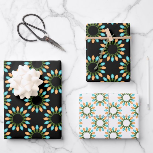 クリスマスライトサークルのパターンオレンジと青 ラッピングペーパーシート (正面)