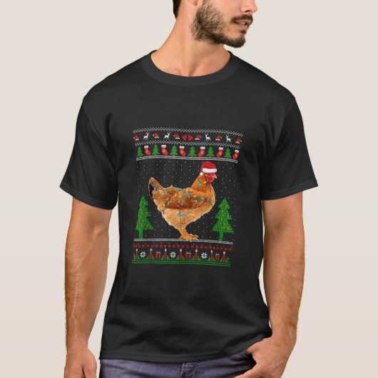 クリスマスライトチキンサンタハット醜いセーター彼 Tシャツ (正面)