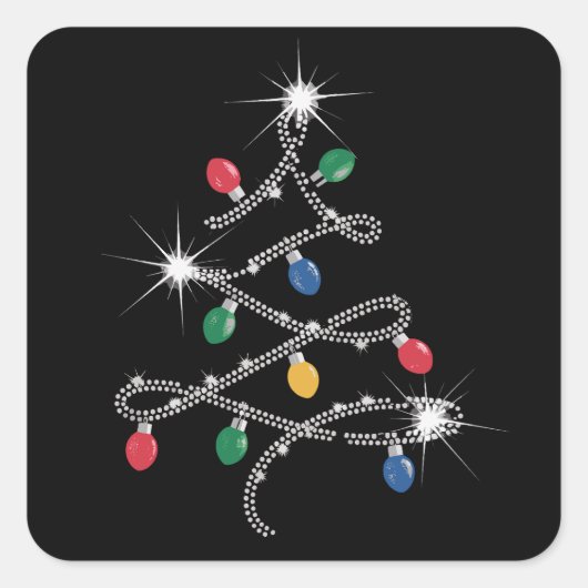 クリスマスライトツリーラインストーンメガきらきら光る スクエアシール (正面)