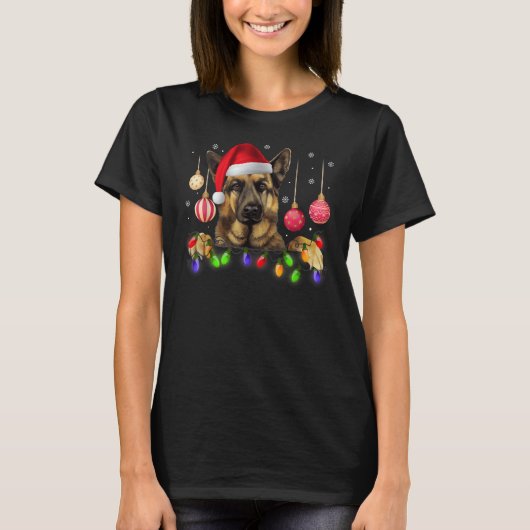 クリスマスライトドイツ羊飼い犬 Tシャツ (正面)