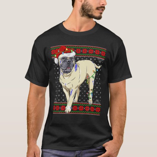 クリスマスライトドッグ醜いセーター英語マスティフ Tシャツ (正面)