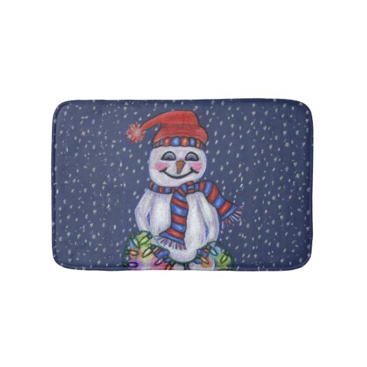 クリスマスライトニコニコ雪だるま雪片 バスマット (正面)