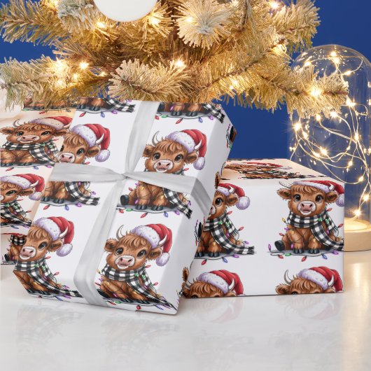 クリスマスライトハイランドカウサンタハット ラッピングペーパー (クリスマス)