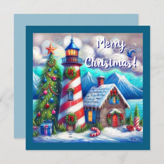 クリスマスライトハウス航海のコースタルマウンテン シーズンカード (正面/裏面)