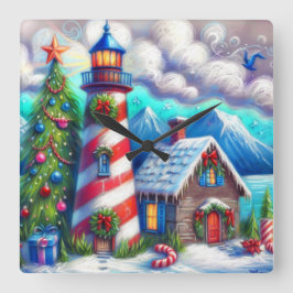 クリスマスライトハウス航海のコースタルマウンテン スクエア壁時計