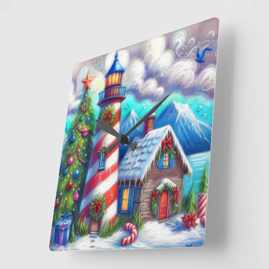 クリスマスライトハウス航海のコースタルマウンテン スクエア壁時計 (傾斜)