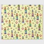 クリスマスライトハウス航海の黄色の背景 ラッピングペーパー (フラット)