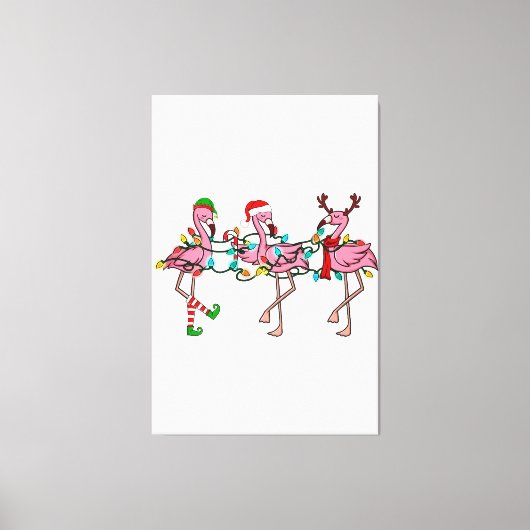 クリスマスライトピンクフラミンゴサンタハットホリデイX キャンバスプリント (正面)