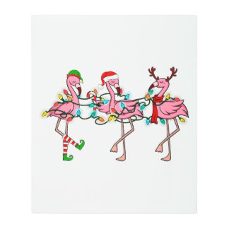 クリスマスライトピンクフラミンゴサンタハットホリデイX メタルプリント