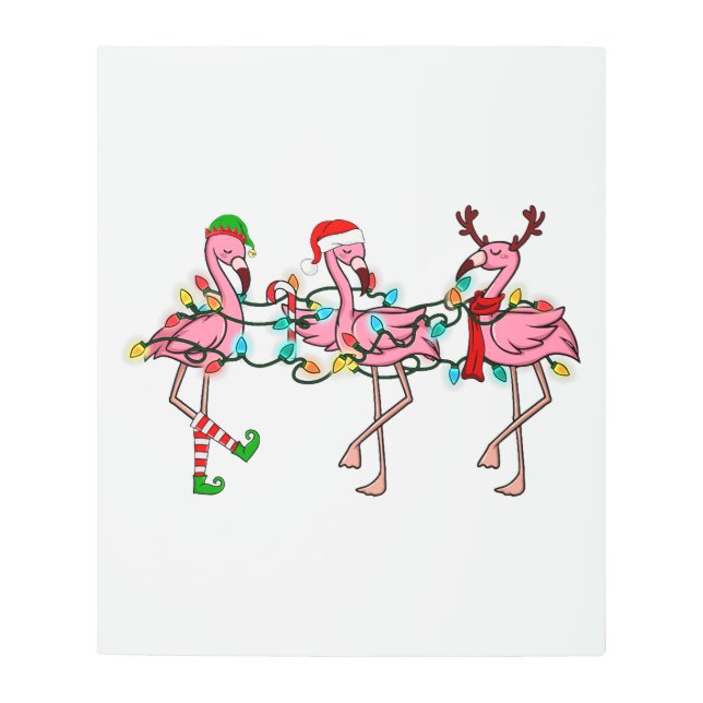 クリスマスライトピンクフラミンゴサンタハットホリデイX メタルプリント (正面)