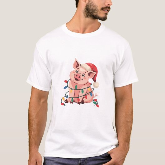 クリスマスライトブタのサンタ帽子 - ブタ好き Tシャツ (正面)