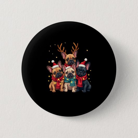 クリスマスライトブルフランスのドッグクリスマスフレンチドッグ 缶バッジ (正面)