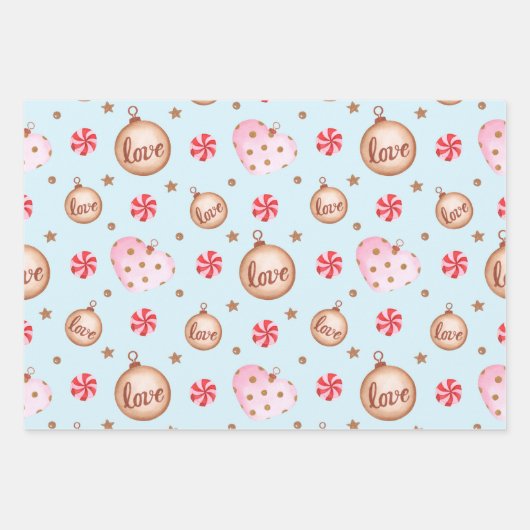 クリスマスライトブルーピンクハートオーナメントと愛 ラッピングペーパーシート (正面3)