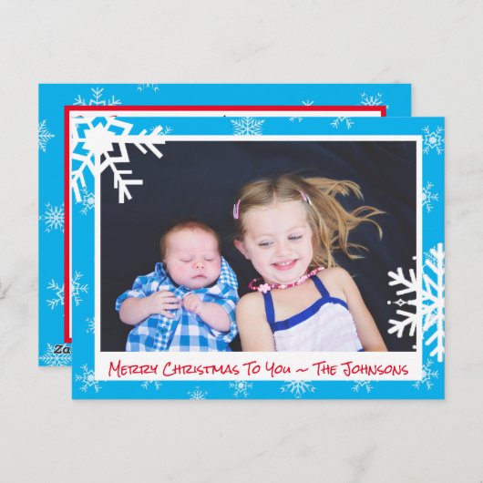 クリスマスライトブルー雪片ファミリーフォトカード ポストカード (正面/裏面)