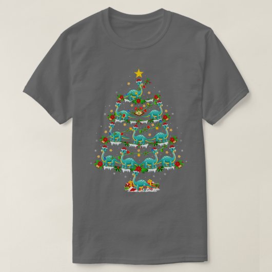 クリスマスライトブロントサウルス恐竜クリスマスツリー Tシャツ (デザイン正面)