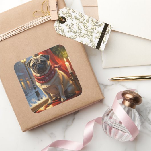 クリスマスライトホリデイ付きパグ スクエアシール (ギフト)