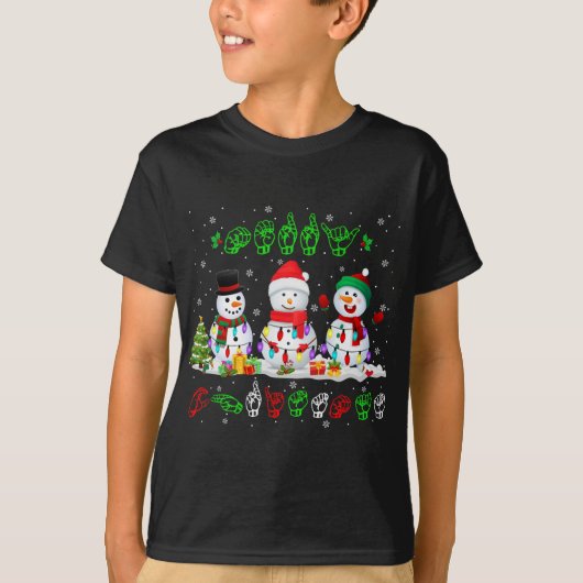 クリスマスライトメリークリスマス雪だるまASLサイン Tシャツ (正面)