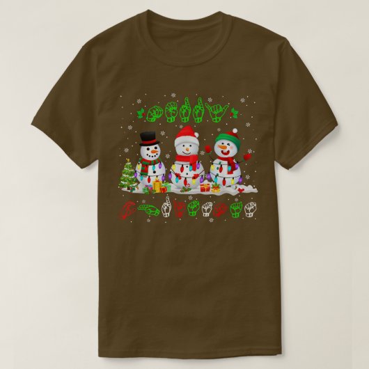 クリスマスライトメリークリスマス雪だるまASLサイン Tシャツ (デザイン正面)