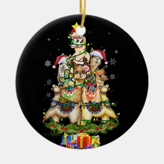 クリスマスライトラマサンタハットツリーラマ セラミックオーナメント (正面)