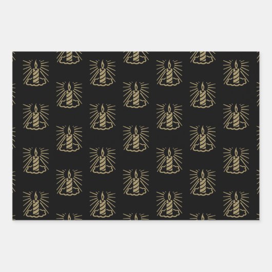 クリスマスライトレッド緑の黒い金ゴールドキャンドルかわいい ラッピングペーパーシート (正面3)