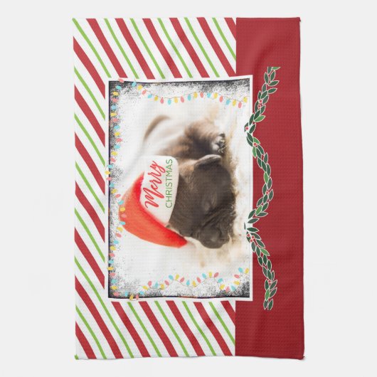 クリスマスライト付きサンタハットのクリスマスプグ キッチンタオル (縦)