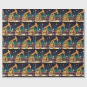 クリスマスライト付き油ポンプジャック付きサンタ ラッピングペーパー (フラット)