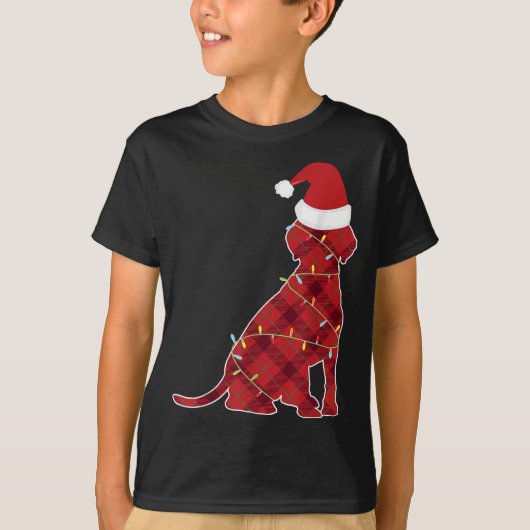 クリスマスライト付き犬男性へクリスマスドッグプレイドP Tシャツ (正面)
