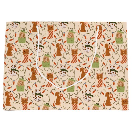 クリスマスライト動物のパターン黄色 ラージペーパーバッグ (正面)