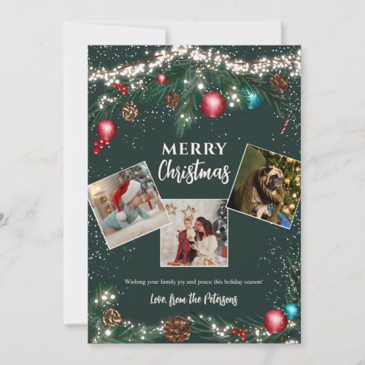 クリスマスライト松の枝の雪の緑4枚の写真 シーズンカード (正面)