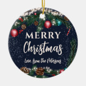 クリスマスライト枝に雪の青の写真を松 セラミックオーナメント (正面)