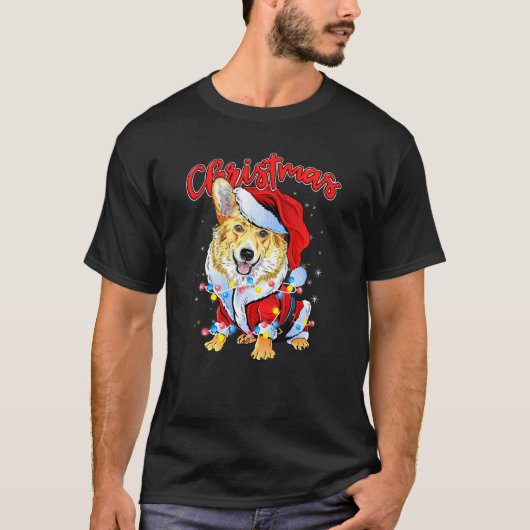 クリスマスライト コーギー 犬 クリスマスパジャマ アイデア Tシャツ (正面)