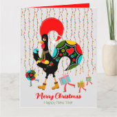 クリスマスライト、ボーブル、プレゼント、オンドリ カード (正面)