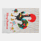 クリスマスライト、ボーブル、プレゼント、オンドリ キッチンタオル (横)