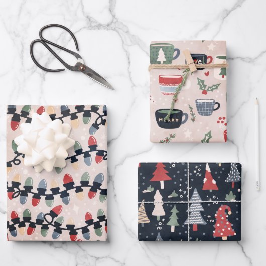 クリスマスライト、レス&ココア ラッピングペーパーシート (正面)