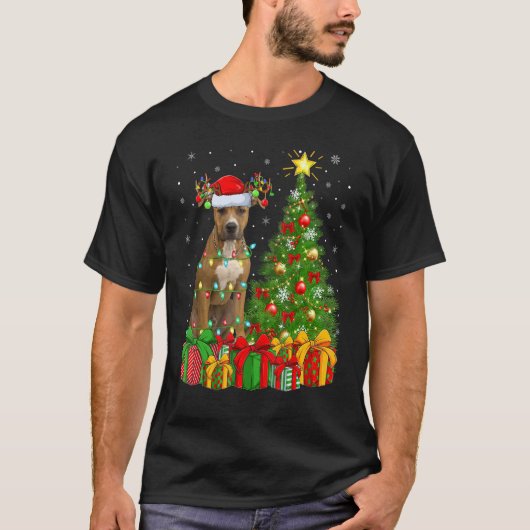 クリスマスライト（犬）スタッフォードブルテリアドッグクリステム Tシャツ (正面)